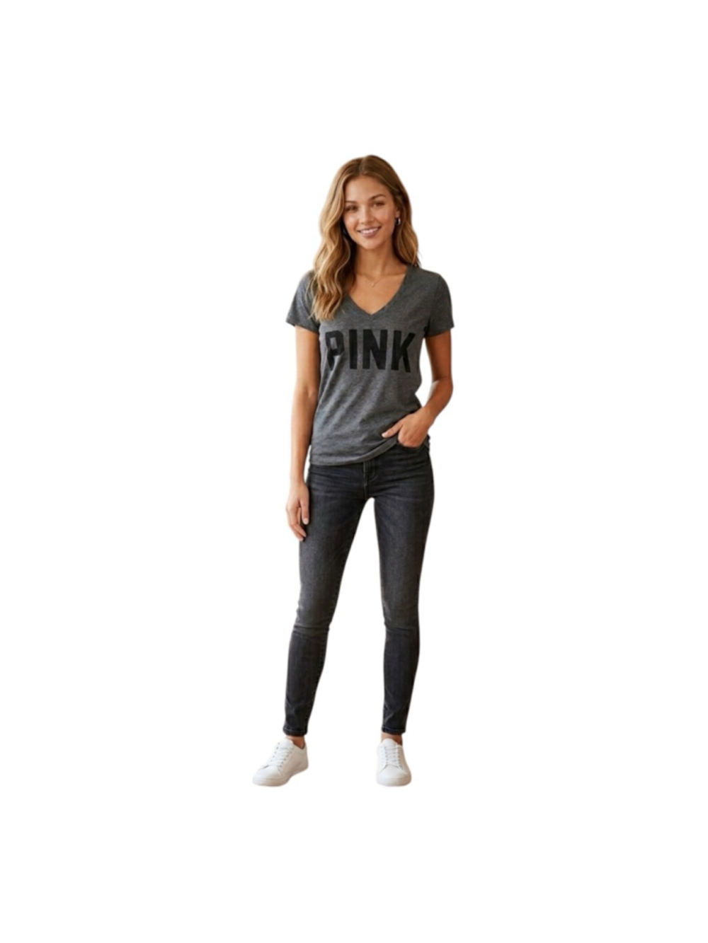 PINK Victoria’s Secret Gray V-Neck Logo Tee L/G 86 Back Graphic